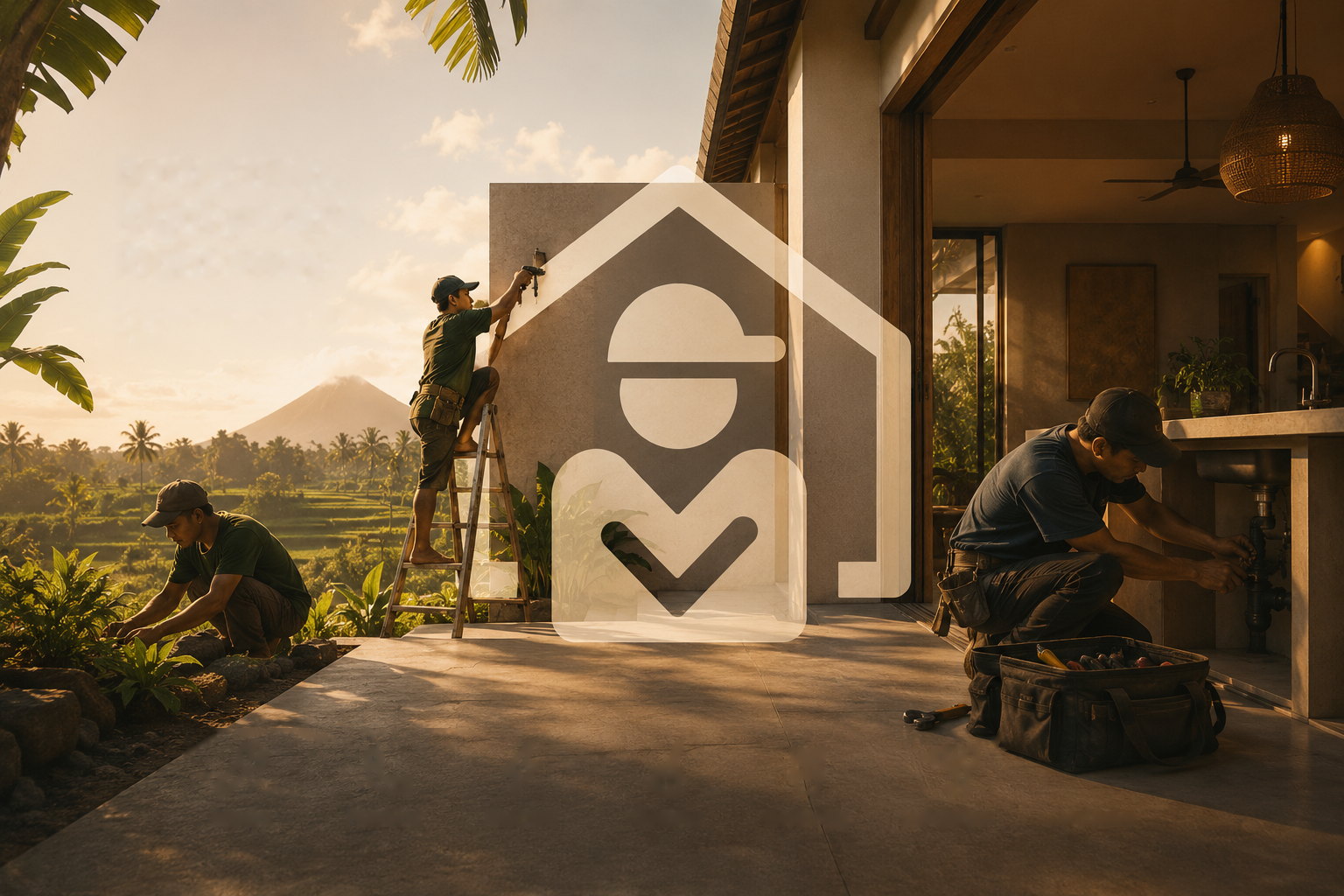 Handymen at work around a Bali home — painting, gardening and fixing a kitchen sink at sunrise.